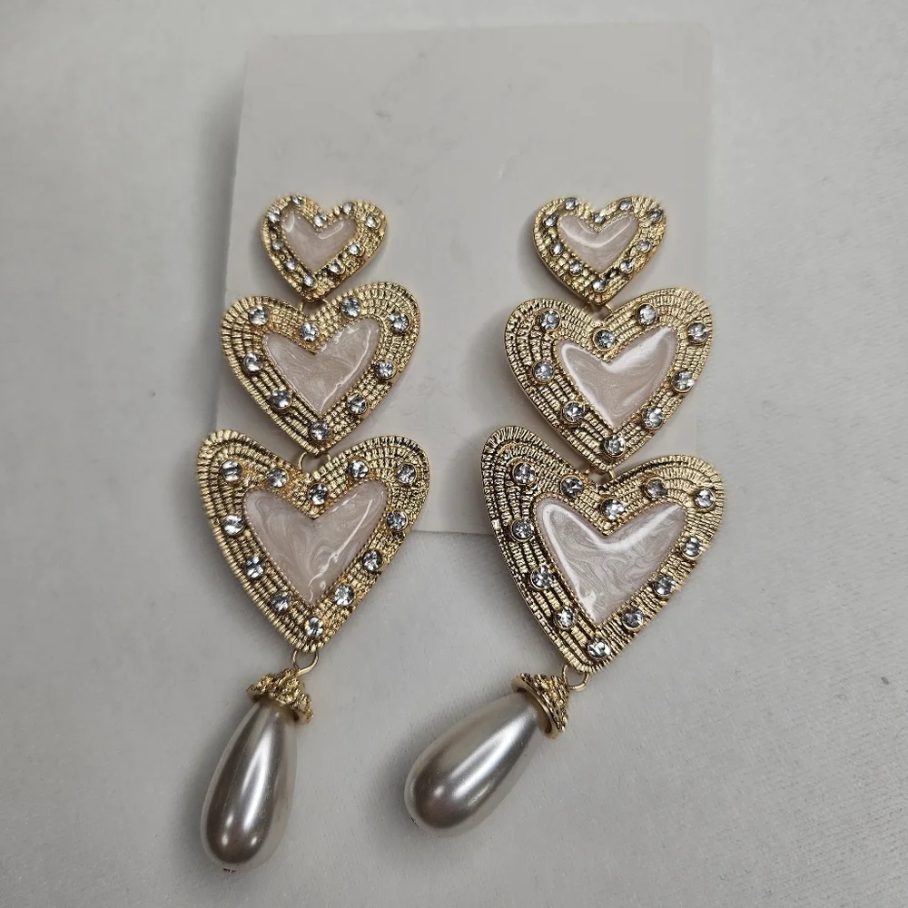 Light Pink Triple Hearts Pearl Rhinestone Statement Earrings Prom Jewelry